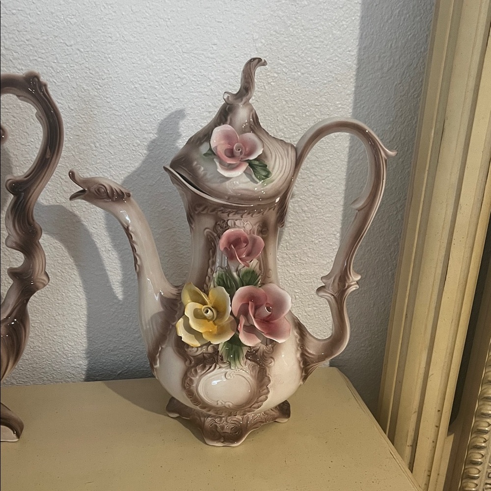 Capodimonte Floral Porcelain Teapot with Pink and Yellow Flowers